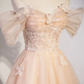 Light Pink Off Shoulder A-Line Tulle Appliques Long Prom Dress MD7276