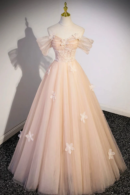 Light Pink Off Shoulder A-Line Tulle Appliques Long Prom Dress MD7276