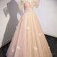 Light Pink Off Shoulder A-Line Tulle Appliques Long Prom Dress MD7276