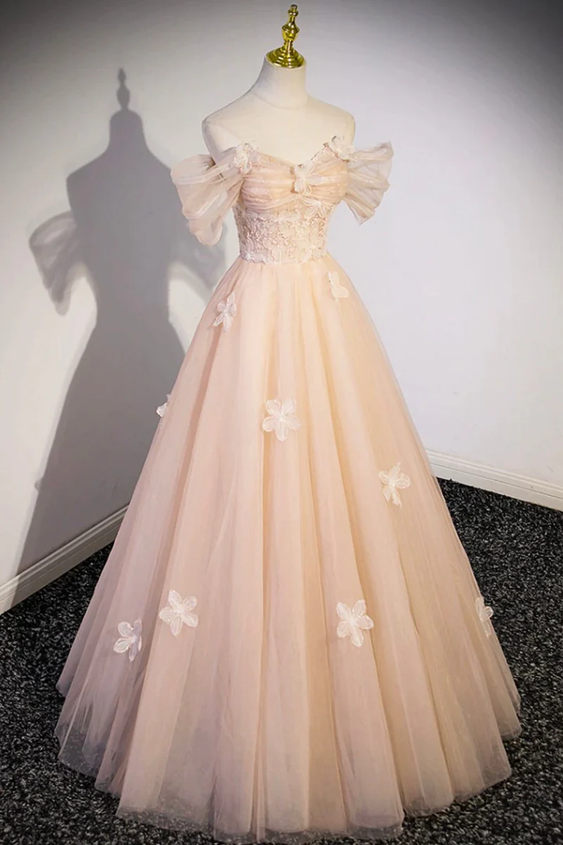 Light Pink Off Shoulder A-Line Tulle Appliques Long Prom Dress MD7276