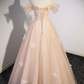 Light Pink Off Shoulder A-Line Tulle Appliques Long Prom Dress MD7276