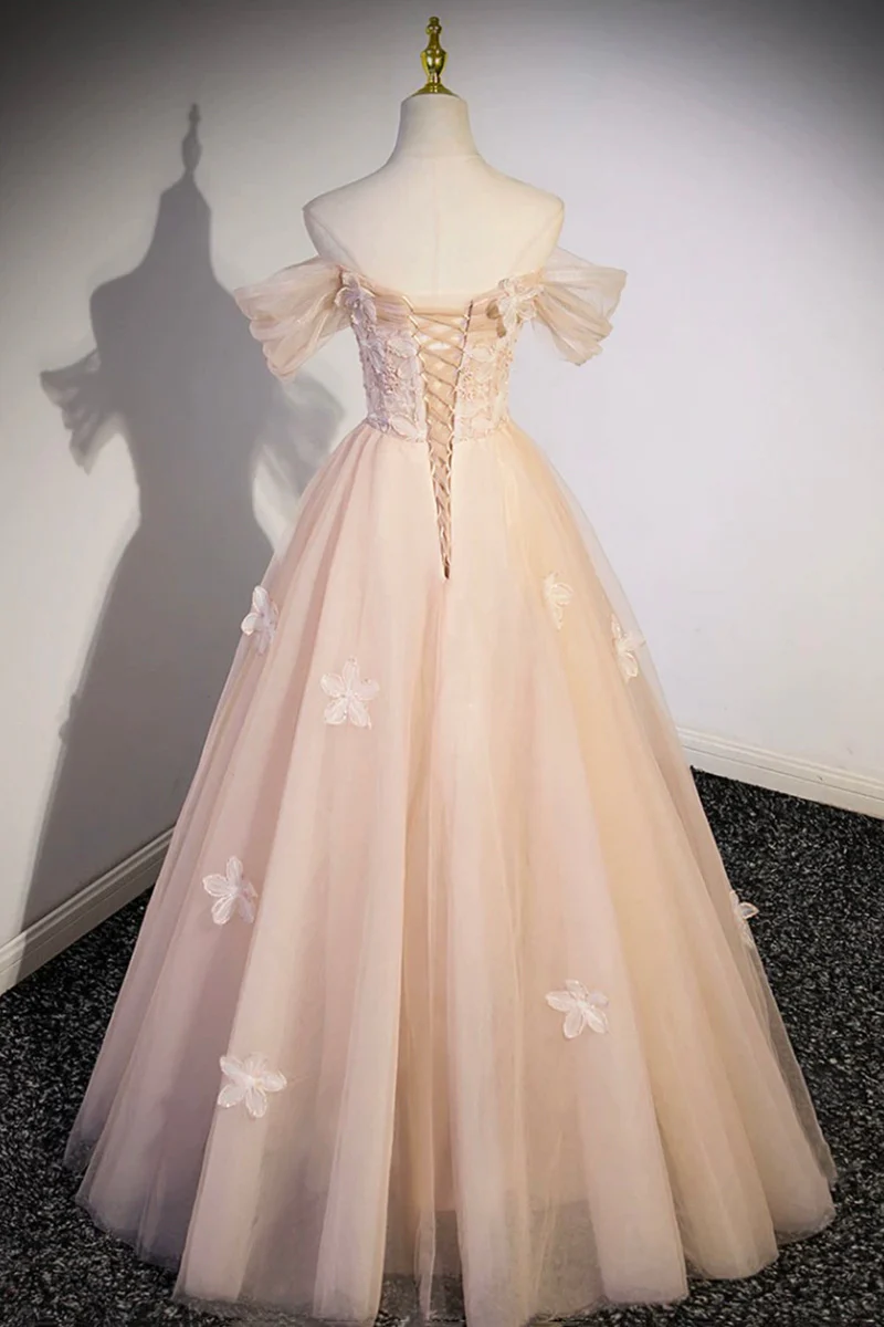 Light Pink Off Shoulder A-Line Tulle Appliques Long Prom Dress MD7276