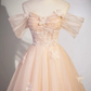 Light Pink Off Shoulder A-Line Tulle Appliques Long Prom Dress MD7276