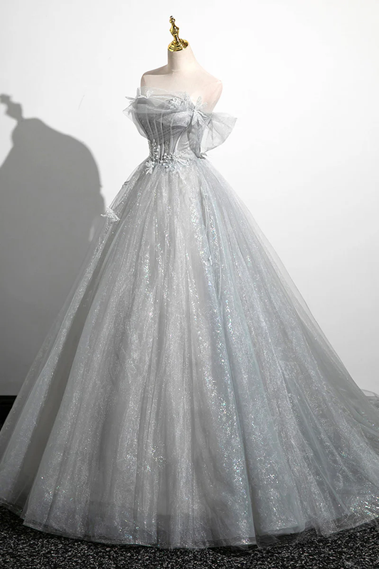 Grey Off Shoulder A-Line Tulle Long Formal Prom Dress MD7278