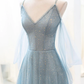 Shiny Blue V Neck Spaghetti Straps A-Line Tulle Long Prom Dress MD7280