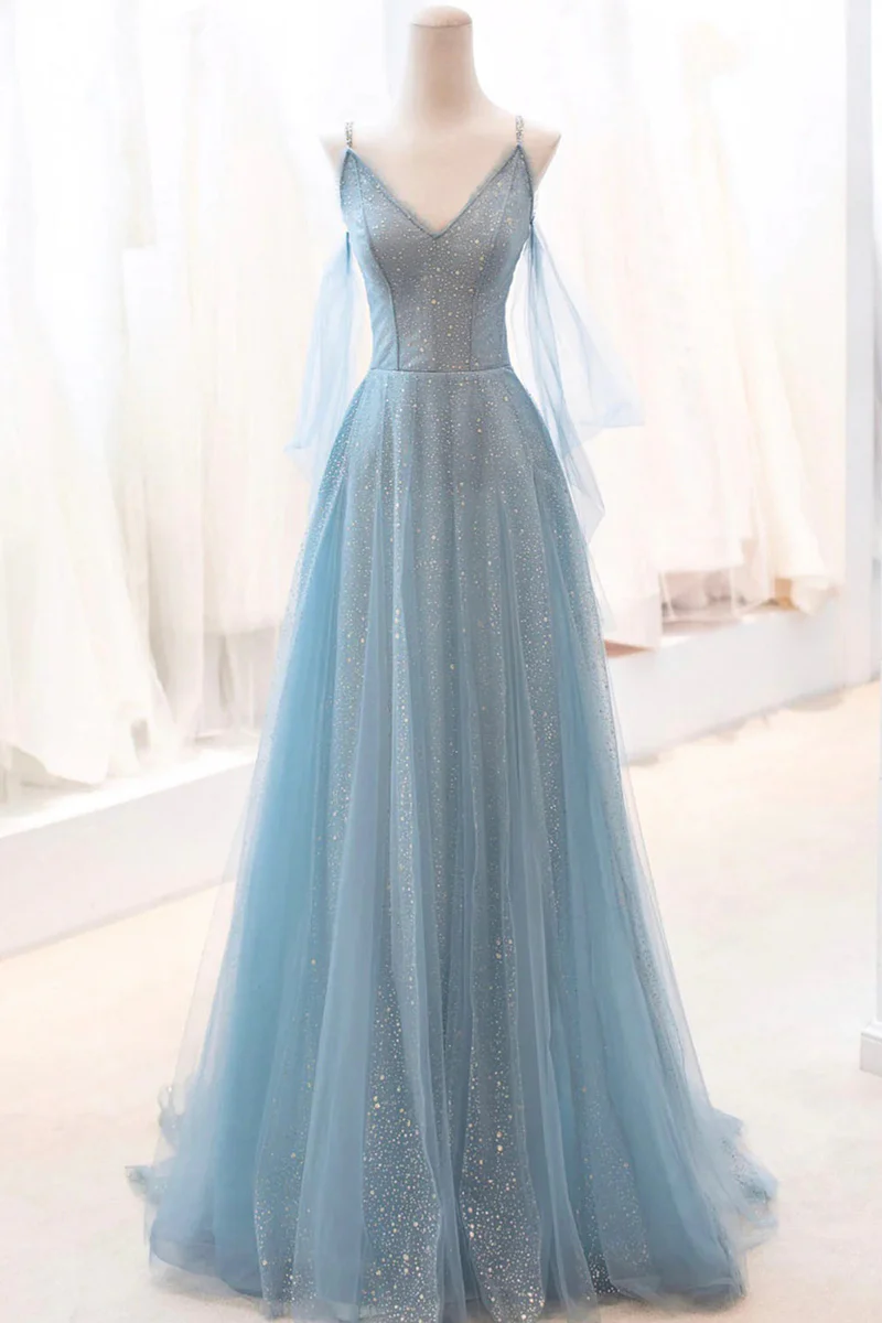 Shiny Blue V Neck Spaghetti Straps A-Line Tulle Long Prom Dress MD7280