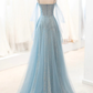 Shiny Blue V Neck Spaghetti Straps A-Line Tulle Long Prom Dress MD7280