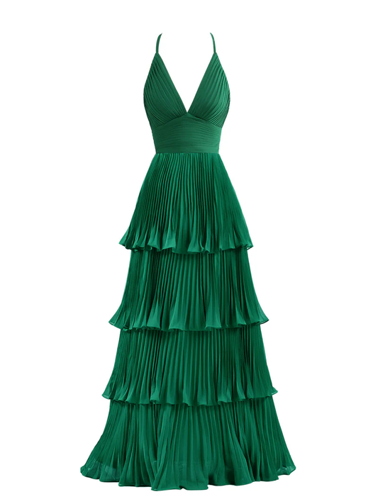 Green V Neck A-Line Cross Back Tiered Long Prom Dress MD7282