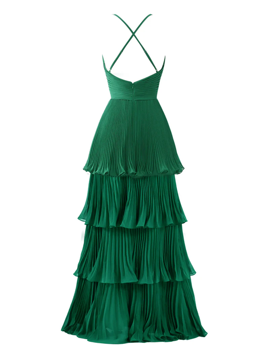 Green V Neck A-Line Cross Back Tiered Long Prom Dress MD7282