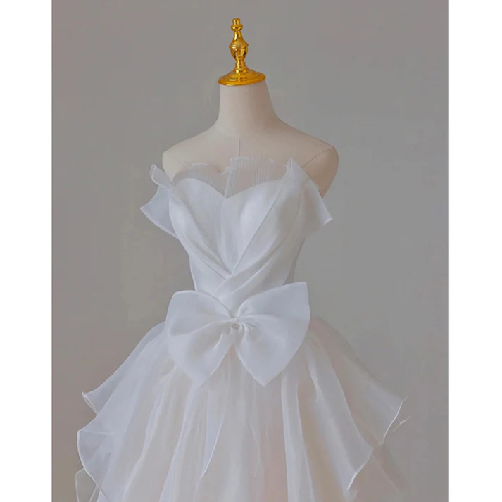 White Strapless A-Line Ruffles Long Prom Dress Birthday Gowns MD7288