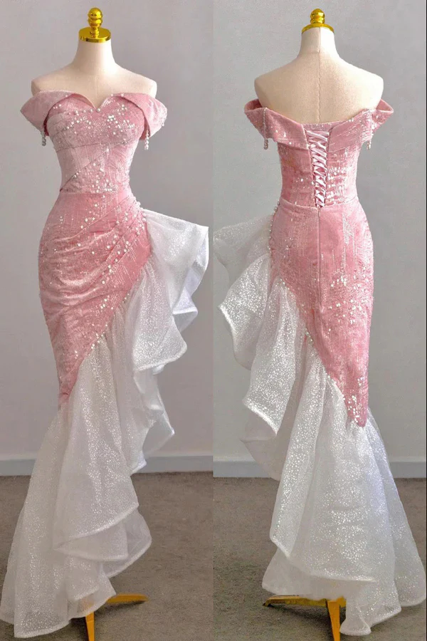 Pink Off the Shoulder Mermaid Prom Gown with Sequins, Sparkly Formal Dresses MD7290