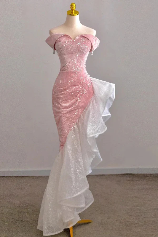 Pink Off the Shoulder Mermaid Prom Gown with Sequins, Sparkly Formal Dresses MD7290