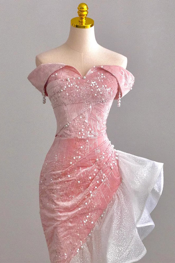 Pink Off the Shoulder Mermaid Prom Gown with Sequins, Sparkly Formal Dresses MD7290