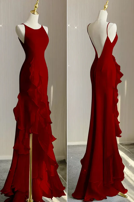 Wine Red Mermaid Prom Gown with Ruffles, Spaghetti Straps Backless Dress MD7292