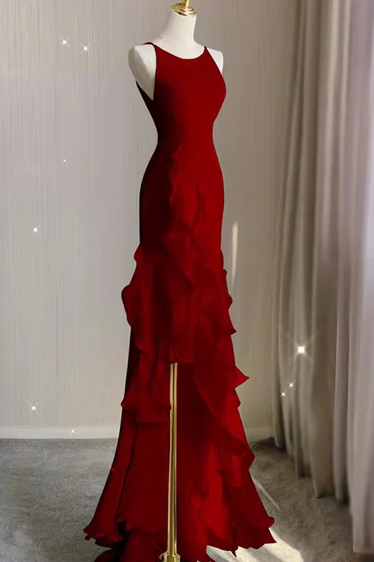 Wine Red Mermaid Prom Gown with Ruffles, Spaghetti Straps Backless Dress MD7292