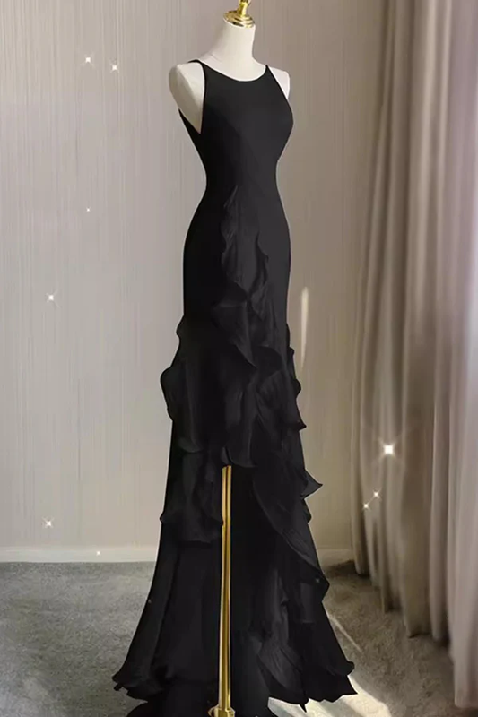 Black Mermaid Prom Gown with Ruffles, Spaghetti Straps Backless Dress MD7293