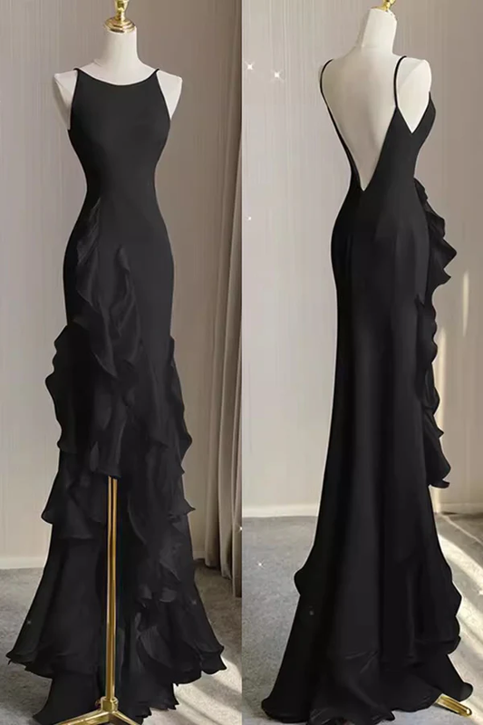 Black Mermaid Prom Gown with Ruffles, Spaghetti Straps Backless Dress MD7293