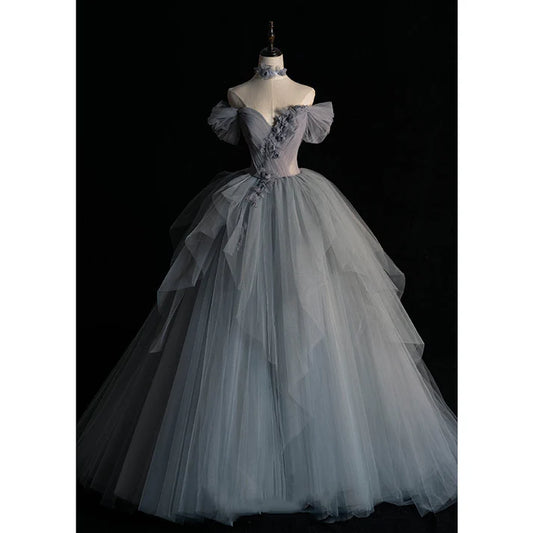 Off Shoulder Fluffy Ball Gown Blue Gray Tulle Formal Dress Evening Gown MD7577