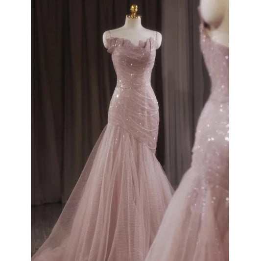 Pink Shiny Tulle Mermaid Prom Dress Fairy Formal Evening Dress MD7578