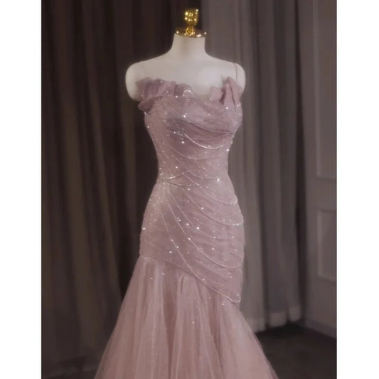 Pink Shiny Tulle Mermaid Prom Dress Fairy Formal Evening Dress MD7578