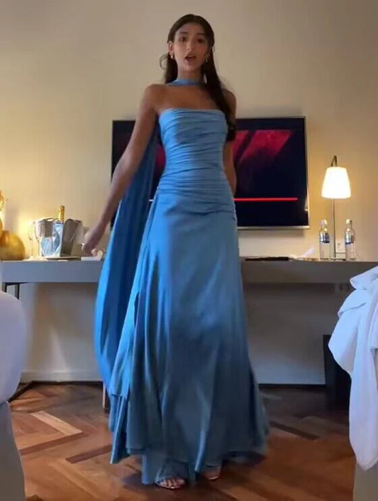 Strapless Blue A Line Satin Long Prom Dress Formal Party Dress MD7586