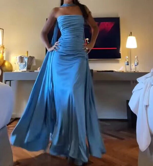 Strapless Blue A Line Satin Long Prom Dress Formal Party Dress MD7586