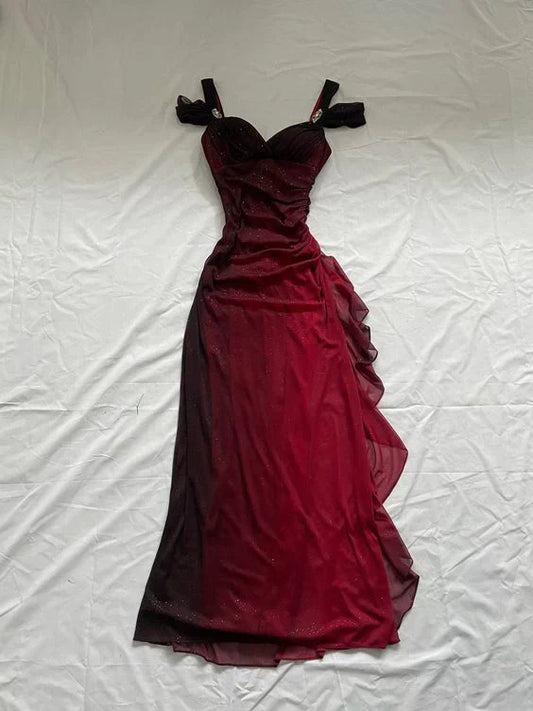 Burgundy A Line Shiny Long Prom Dress Ruffled Evening Gown MD7587