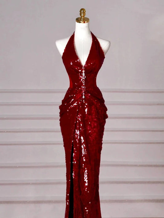 Red Halter Sequin Mermaid Long Prom Dress Evening Party Dress  MD7589