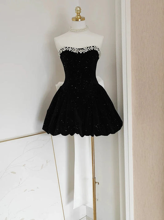 Black Strapless Short Prom Dress Beaded Evening Party Dress  MD7590