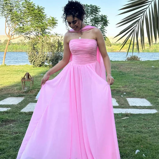 Pink Strapless A Line Long Prom Dress Chiffon Wedding Guest Dress  MD7591