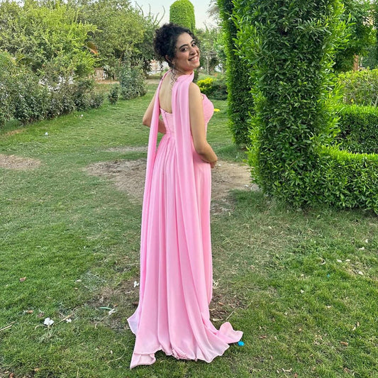 Pink Strapless A Line Long Prom Dress Chiffon Wedding Guest Dress  MD7591