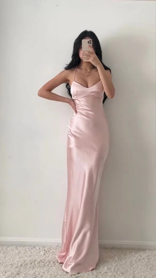 Pink Halter Neck Long Prom Dresses Sheath Satin Evening Dress MD7609