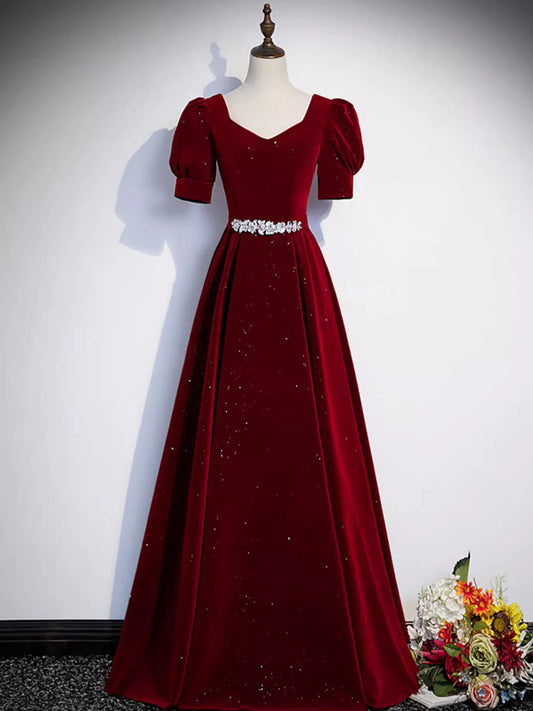 Wine Red Velvet Short Sleeves Prom Dress, Wine Red A-line Party Dress MD7612