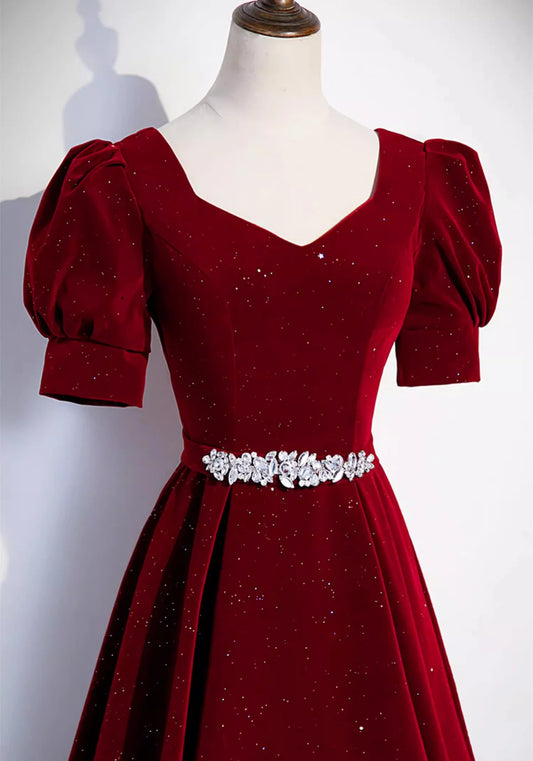 Wine Red Velvet Short Sleeves Prom Dress, Wine Red A-line Party Dress MD7612