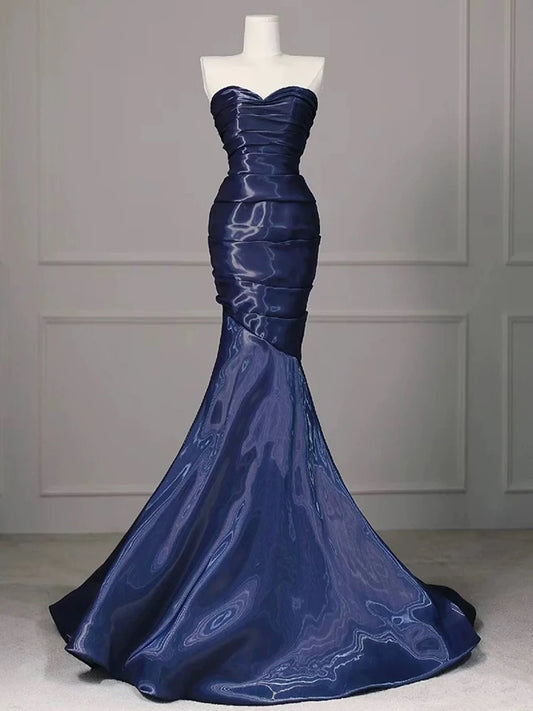 Navy Blue Mermaid Strapless Long Evening Dress, Navy Blue Satin Prom Dress MD7613