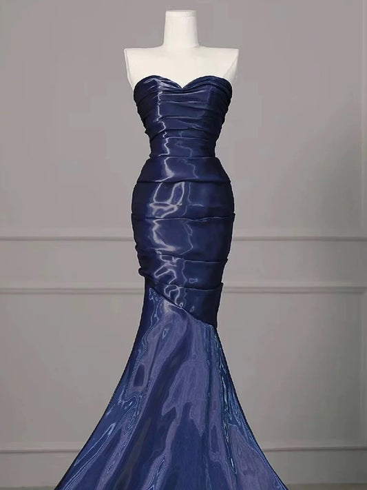 Navy Blue Mermaid Strapless Long Evening Dress, Navy Blue Satin Prom Dress MD7613