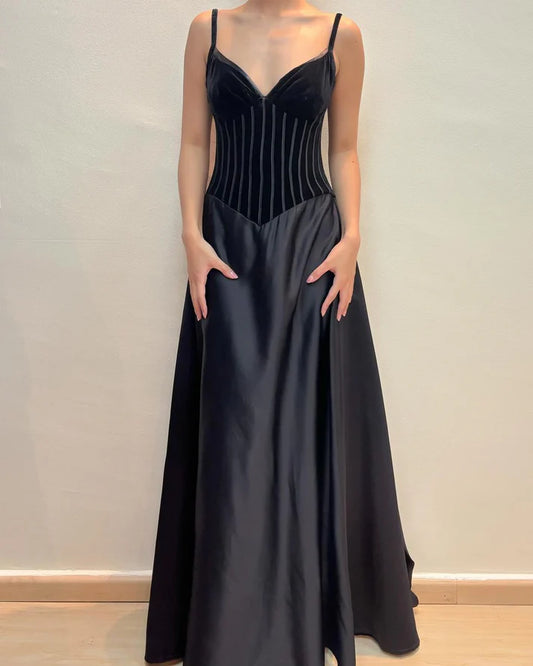 V Neck A Line Black Long Prom Dress Formal Party Dress MD7615