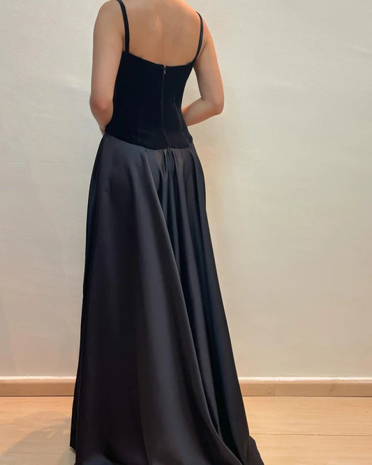 V Neck A Line Black Long Prom Dress Formal Party Dress MD7615