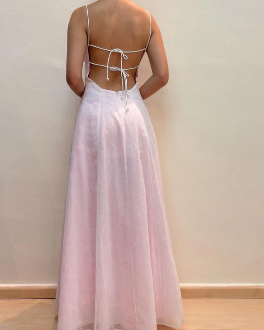 A Line Vintage Pink Long Prom Dress Lace Formal Party Dress MD7616