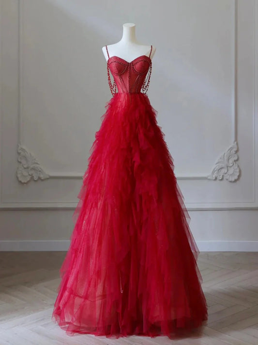 Red Sweetheart Tulle Layers Straps Prom Dress, Red Long Party Dress MD7617