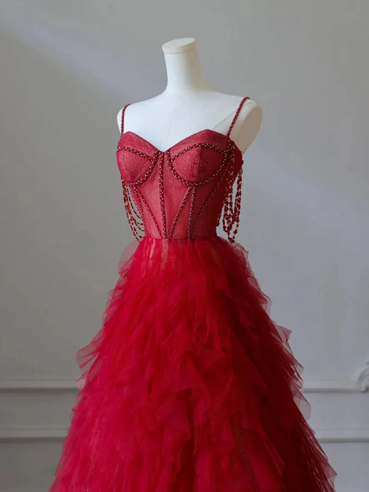 Red Sweetheart Tulle Layers Straps Prom Dress, Red Long Party Dress MD7617