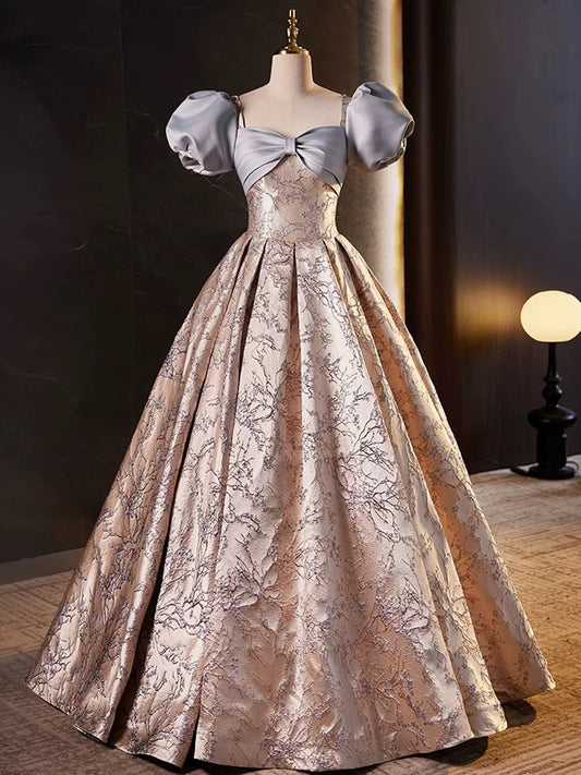 Lovely A-Line Floral Satin Short Sleeves Long Prom Dress Formal Gown MD7618