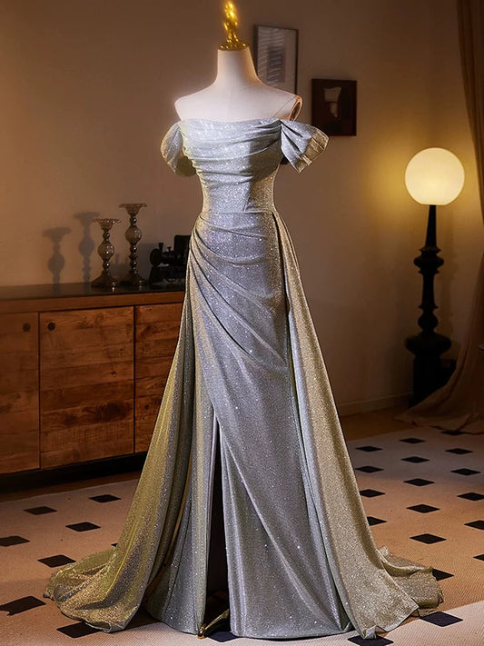 Shiny Sliver Grey A-line Long Formal Dress, Simple Grey Off Shoulder Prom Dress MD7619