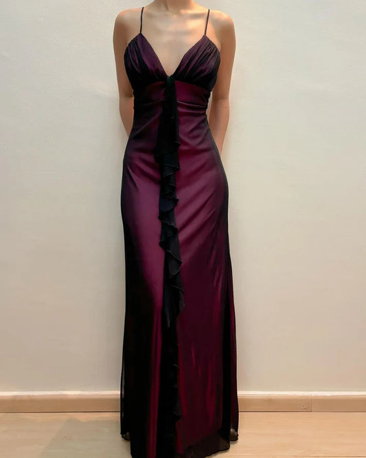 V Neck A Line Vintage Long Prom Dress Ruffle Evening Party Dress MD7620