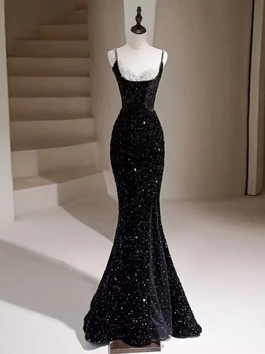 Black Sequins Mermaid Straps Beaded Prom Dress, Black Sequins Party Dress MD7625