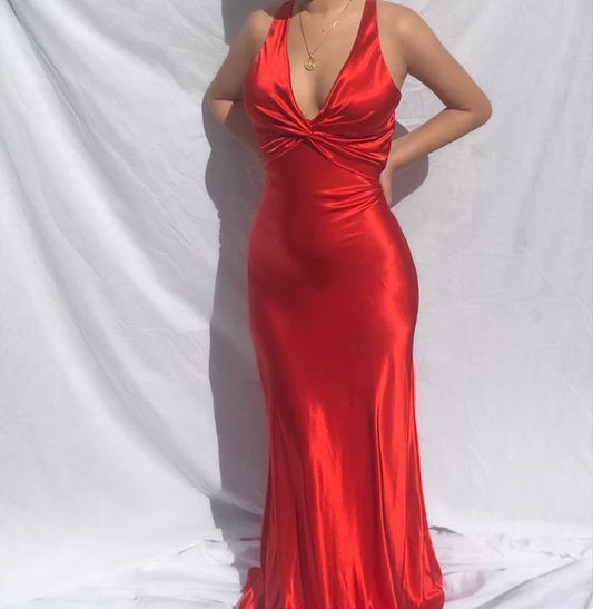 V Neck Red Mermaid Satin Long Prom Dress Formal Party Dress MD7626