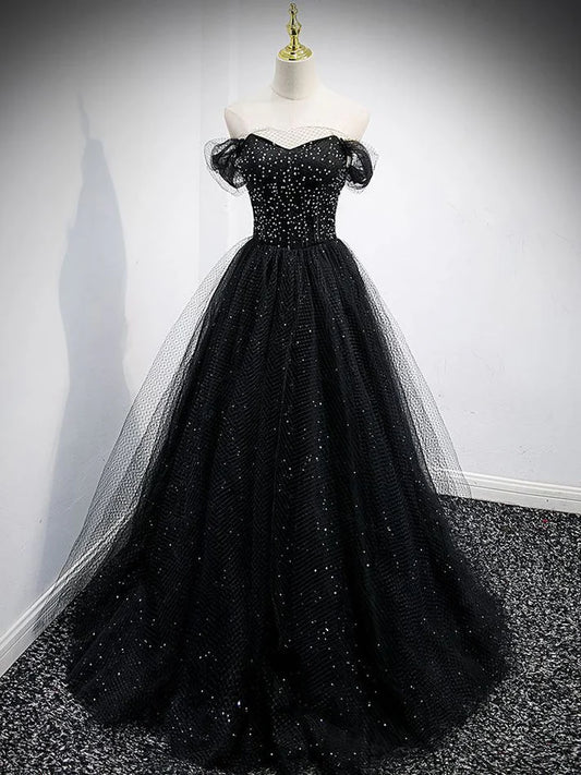 Off The Shoulder Shiny Tulle Long Prom Dress A Line Black Evening Dress  MD7629