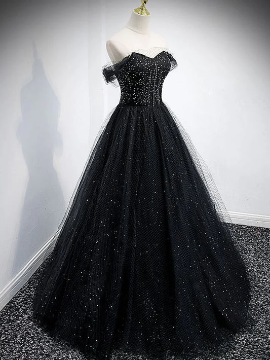 Off The Shoulder Shiny Tulle Long Prom Dress A Line Black Evening Dress  MD7629