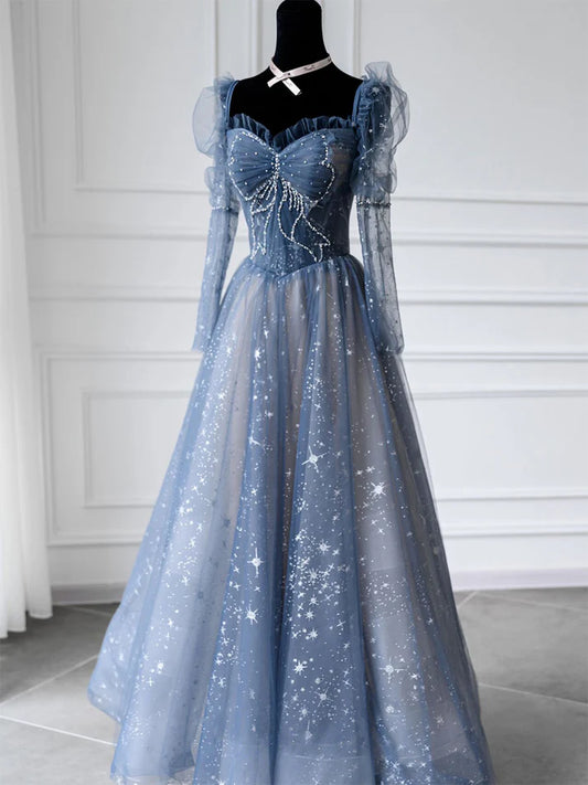 Blue A Line Tulle Prom Dress Sweetheart Shiny Formal Party Gown Princess Dress  MD7631