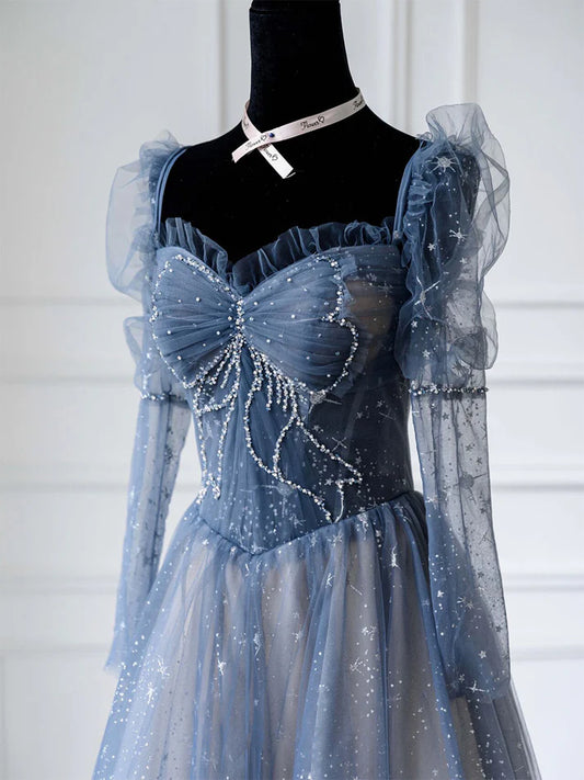 Blue A Line Tulle Prom Dress Sweetheart Shiny Formal Party Gown Princess Dress  MD7631